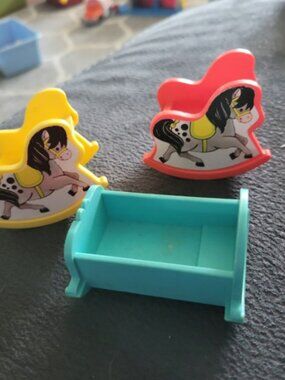 Vintage fisher price little people rocking horses and cradle